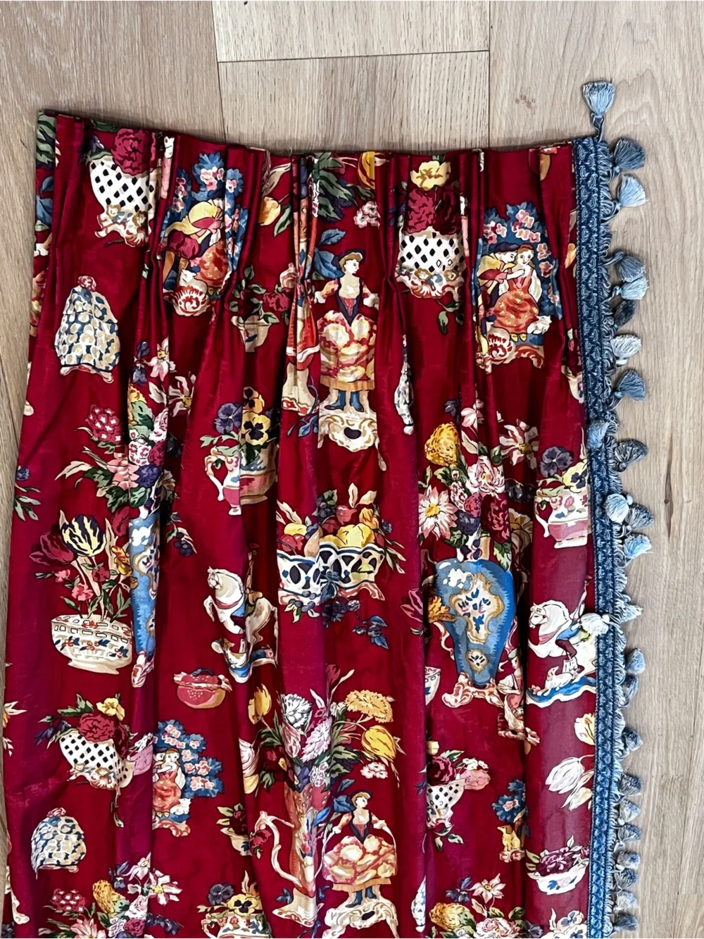 Set of 4 Custom Chinoiserie Lined Drapery Panels Burgundy Tassel Trim 21x62”
